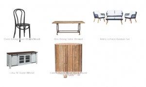 Furnishr design proposal package including wood table, tv stands and lounging chairs