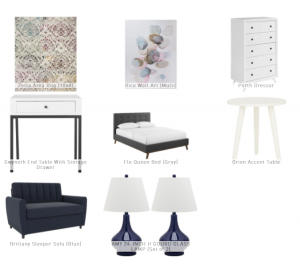 Furnishr design proposal package including wall art, side table lamps, sofa chairs